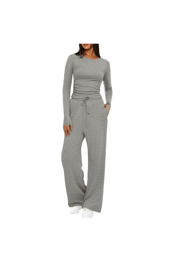 2 Piece Sweatsuits Lounge Sets Fashion Women Round Neck Solid Ruched Long Sleeve Blouse + Long Pants Elastic Waist Sets