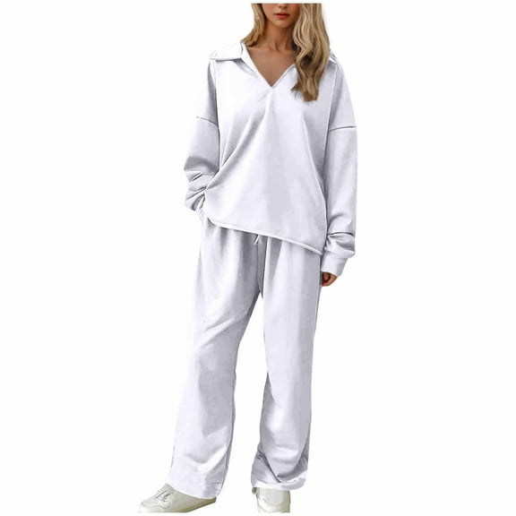 Inleife 2 Piece Womens Sweatsuits Women's Solid Color Turndown V-Neck Long Sleeve Elastic Waist Pockets Long Pants Set