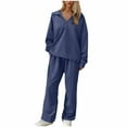 thumbnail image 1 of Inleife 2 Piece Womens Sweatsuits Women's Solid Color Turndown V-Neck Long Sleeve Elastic Waist Pockets Long Pants Set, 1 of 6
