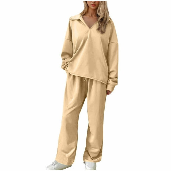Inleife 2 Piece Womens Sweatsuits Women's Solid Color Turndown V-Neck Long Sleeve Elastic Waist Pockets Long Pants Set