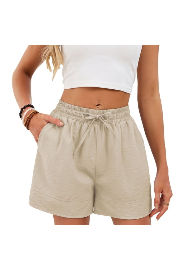 Beige Women's Fashion Bermuda Shorts Summer Ladies Solid Color Pocket Pull Rope Loose Tight Waist Side Slit Shorts