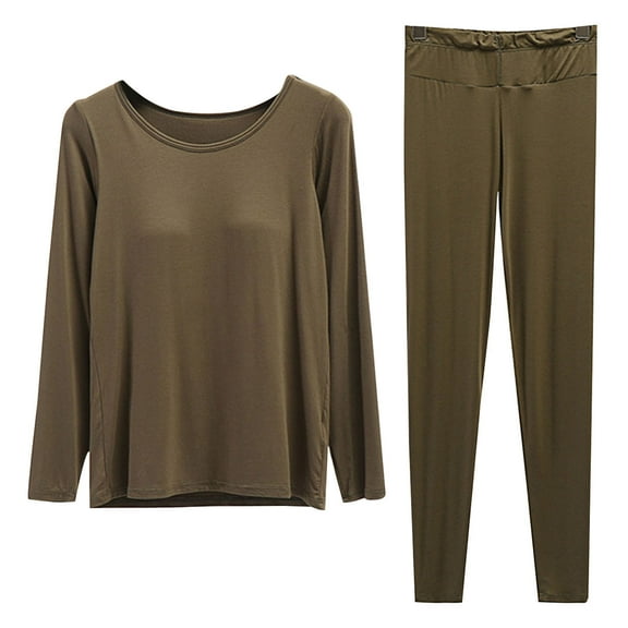 Inleife Big and Tall Pajama Sets for Women Solid Color Round Neck Padded Pajamas With Cups Long Sleeves And Trousers Two Piece Home Pajamas Sets