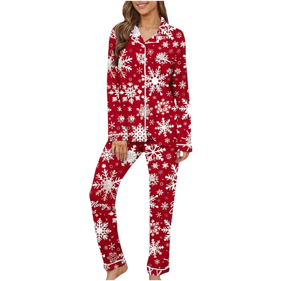 Inleife Big and Tall Pajama Sets for Women on Sale Ladies' Christmas Printed Top Pants Pajama Set Long Sleeved Lapel Set