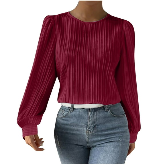 Inleife Blouses for Women Business Fashion Women's Casual Comfortable Solid Long Sleeve Puff Sleeve Round Neck Blouse Button T-Shirt Top