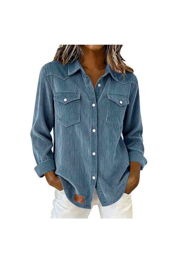 Cargo Shirts for Women Solid Casual Long Sleeves Lapel Denim Patchwork Stitching Bottun Tops
