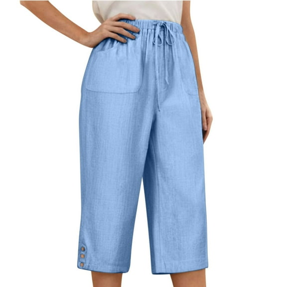 Inleife Drawstring Capris for Women Loose Fitting Haren Pants Womens High Waisted Linen Wide Leg Casual Pants