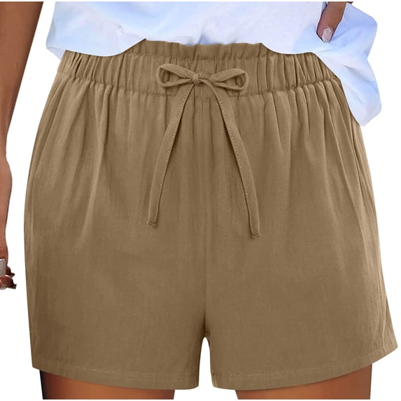 Inleife Drawstring Shorts for Women on Sale Women's Solid Color Cotton And Linen Loose Casual Wide-leg Short Pants Brown S