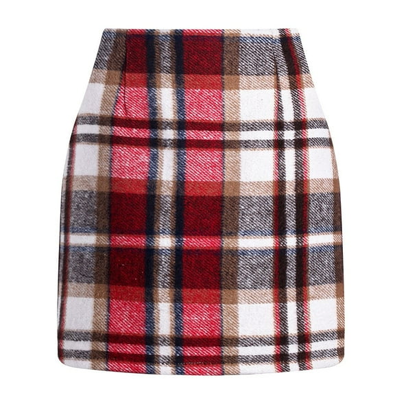 Inleife Elegant Office Skirts for Women Spring Summer High-Waist Plaid Prints Skirt Red M
