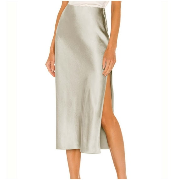 Inleife Fall Fashion Women Casual Comfortable Solid Color Elastic And High Waisted Vent Mid-Calf Skirt Beige M