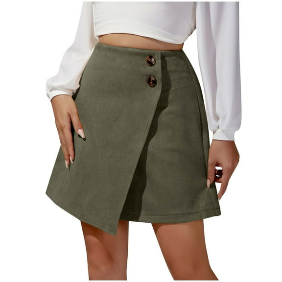 Inleife Fall Fashion Women Casual Comfortable Solid Color Irregular High Waisted Button Skirt Army Green M