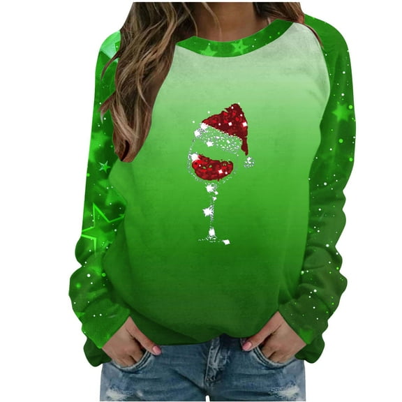 Inleife Fall Tops for Women Women Fashion Casual Christmas Print Round Neck Loose Long Sleeve Sweatshirt Tops Blouse