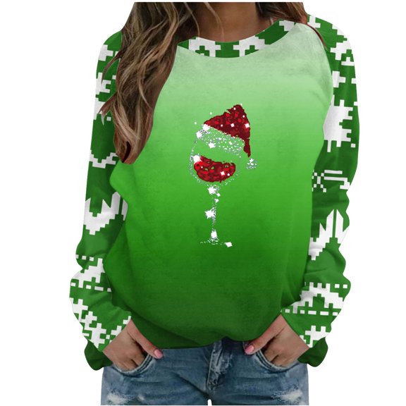 Inleife Fall Tops for Women Women Fashion Casual Christmas Print Round Neck Loose Long Sleeve Sweatshirt Tops Blouse