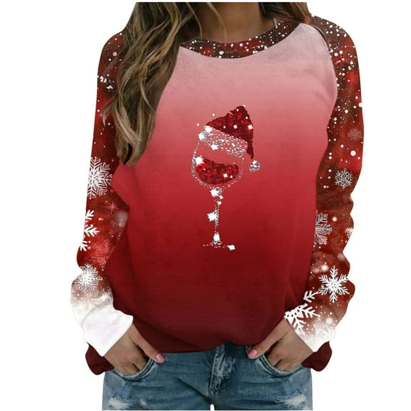 Inleife Fall Tops for Women Women Fashion Casual Christmas Print Round Neck Loose Long Sleeve Sweatshirt Tops Blouse