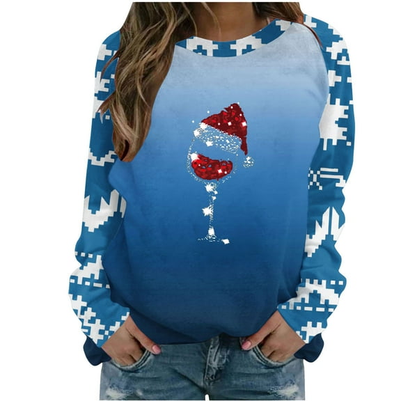 Inleife Fall Tops for Women Women Fashion Casual Christmas Print Round Neck Loose Long Sleeve Sweatshirt Tops Blouse