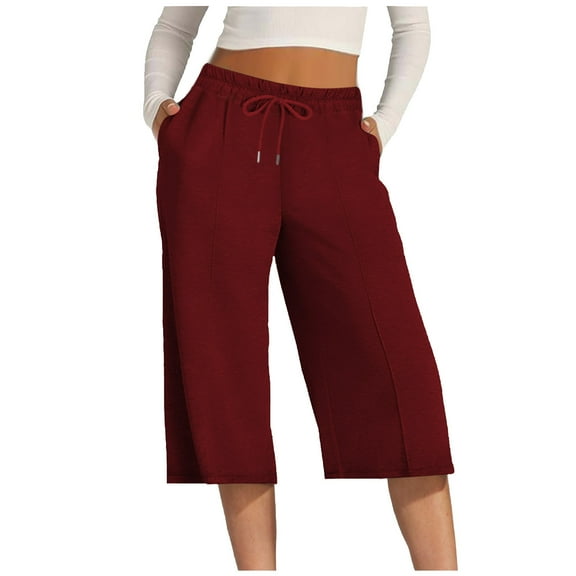 Inleife Fashion Trousers Full Pants Casual Straight Solid Color Loose Casual Wide Leg Drawstring Capris For Women