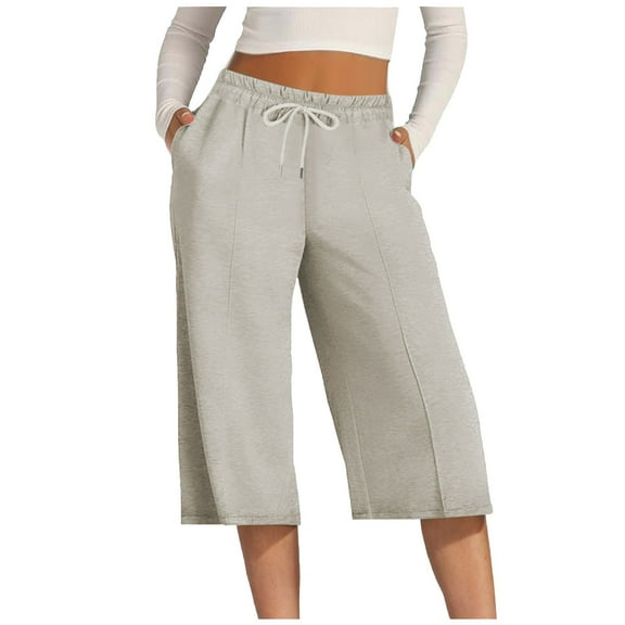 Inleife Fashion Trousers Full Pants Casual Straight Solid Color Loose Casual Wide Leg Drawstring Capris For Women