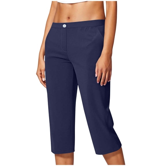 Inleife Fashion Women Casual Stretch Office Work Crop Pant Summer Lightweight Yoga With Pocket Button Solid Pants