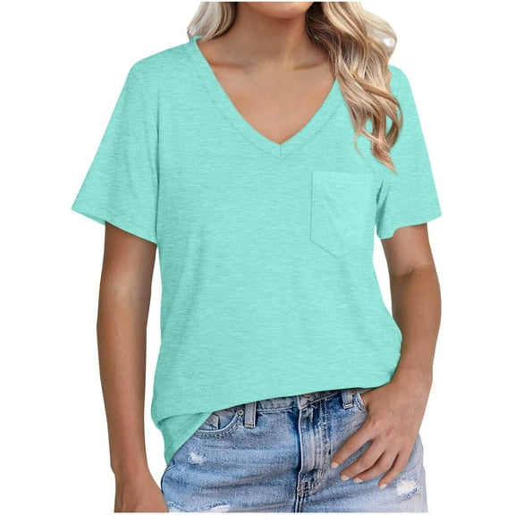 Inleife Fashion Women's Casual Tops Short Sleeve Solid Pocket Ladies V-Neck Blouse Loose Top