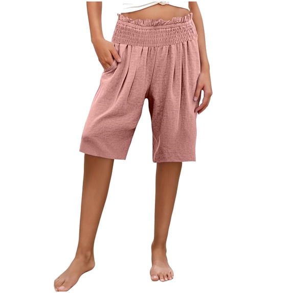 Inleife Fashion Women's High Waisted Elastic Waist Shorts Pants Casual Summer Pockets Comfortable Pant Wide Leg Pink XXL