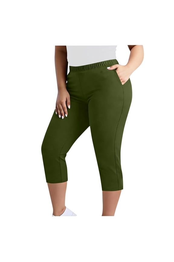 Fashion Women's Plus Size Capris Pocket Cropped Pants Summer Capris Solid Color Elastic Waist Cropped Pant Army Green XXL