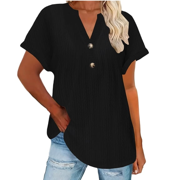 Inleife Fashion Women's Summer T-Shirts V-Neck Casual Short Sleeve Button T-Shirt Top Black L