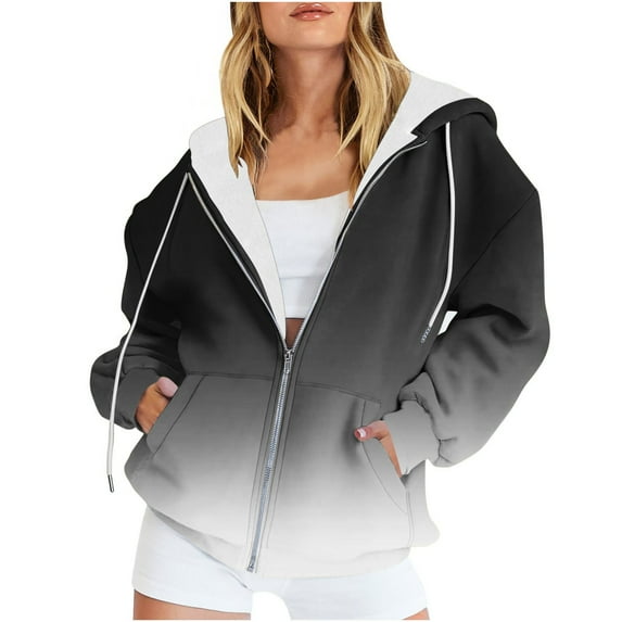 Inleife Fleece Jacket Women Casual Printed Zippered Jackets Women's Long Sleeved Hooded Sweater Jacket Top