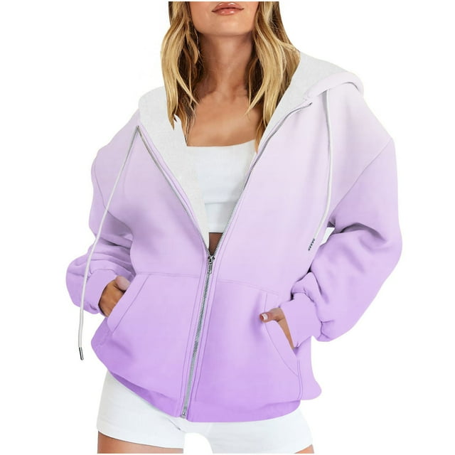 Inleife Fleece Jacket Women Casual Printed Zippered Jackets Women's Long Sleeved Hooded Sweater Jacket Top