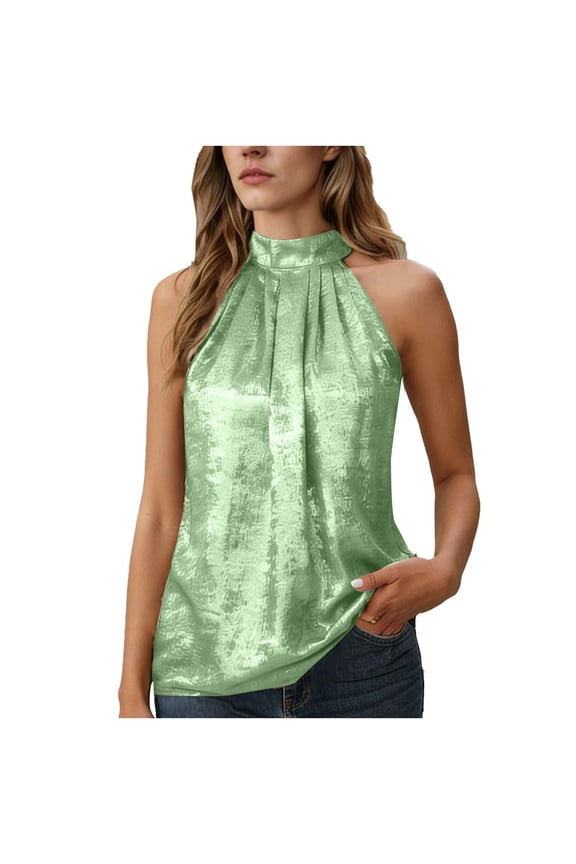 Halter Neck Tank Tops for Women Fashion Women's Summer Sleeveless Stand-Up Collar Comfy Solid Regular Tank Tops Green L