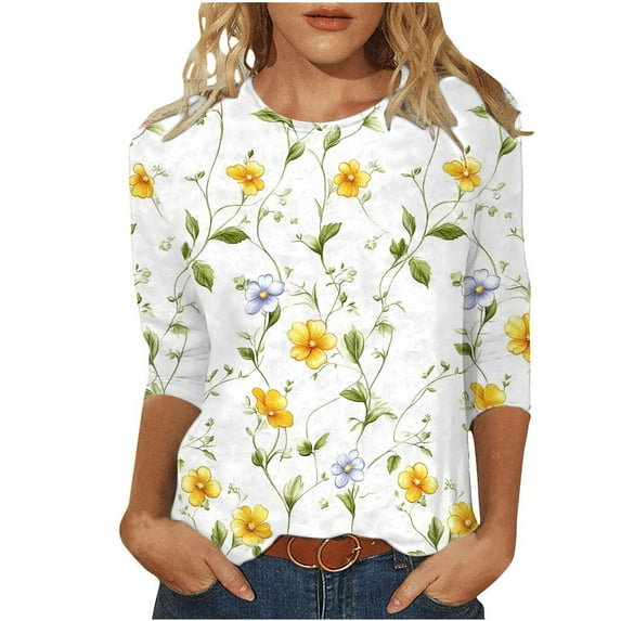 Inleife Ladies' Floral Printed Round Neck Tops Three Quarter Sleeve Loose T-Shirt
