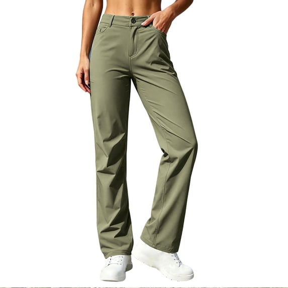 Inleife Ladies Straight Leg Outdoor Casual Pants Button Waist Zip Pockets Quick Dry Trekking Trousers