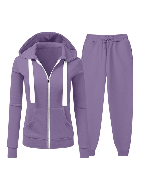Ladies Two Piece Activewear Set with Zipper Hooded Sweatshirt and Tapered Joggers, Relaxed Fit Lounge Suit for Daily Wear and Sports