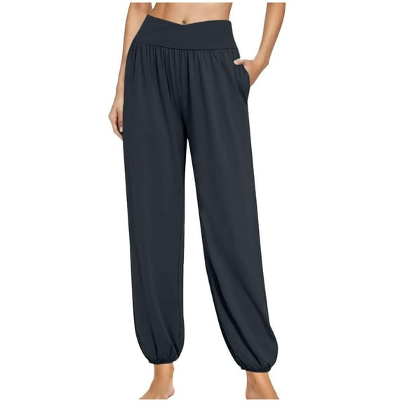 Inleife Large Size Womens Pants Women's Fashion Casual Loose Solid Color Crossed High Waisted Pocket Pants