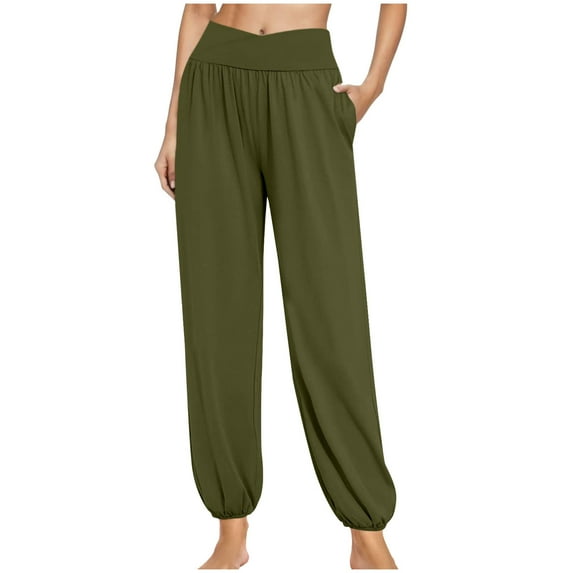 Inleife Large Size Womens Pants Clearance Women's Fashion Casual Loose Solid Color Crossed High Waisted Pocket Pants