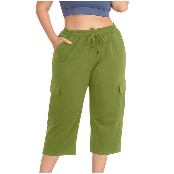 Inleife Loose Capris for Women Plus Size Woman Fashion Solid Color Elastic Waist Pockets Pants Green XXXXXL