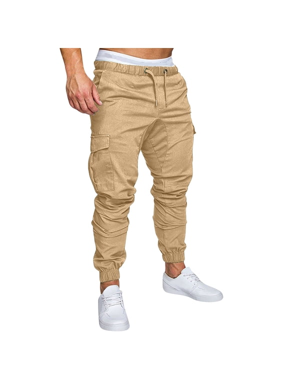 Men Winter Cargo Pants Trousers Multi Pocket Button Elasticated Trousers Cuffed Pants