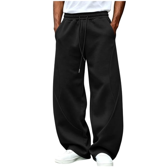 Inleife Men's Oversized Wide-Leg Sweatpants Drawstring Waist Solid Color Lounge Trousers with Curved Panel Seams & Side Pockets, Relaxed Baggy Straight Bottoms