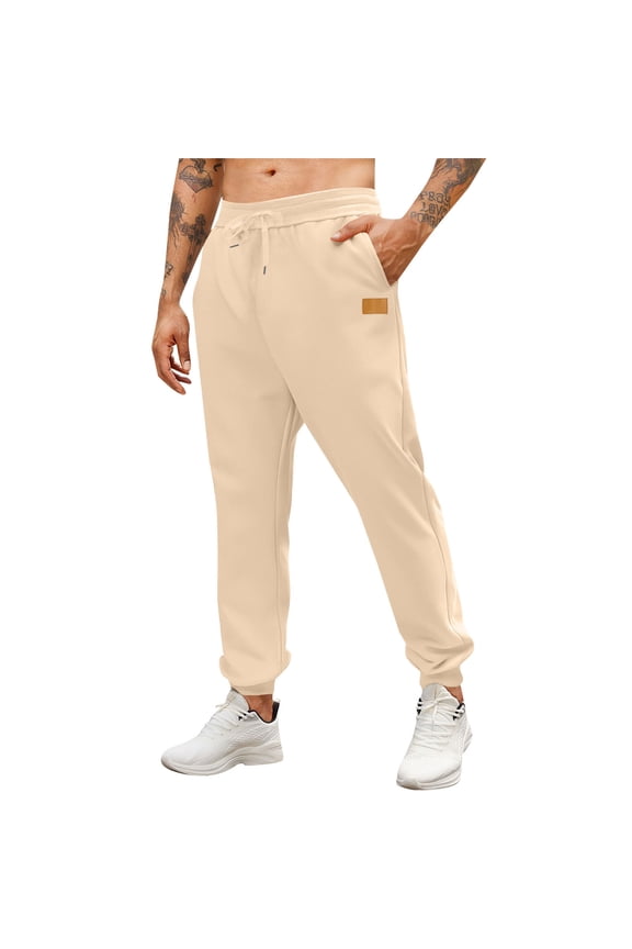 Men's Solid Color Sporty Pants Pocket Elastic Waist Drawstring Casual Tight-Fitting Trousers Full Length Pants