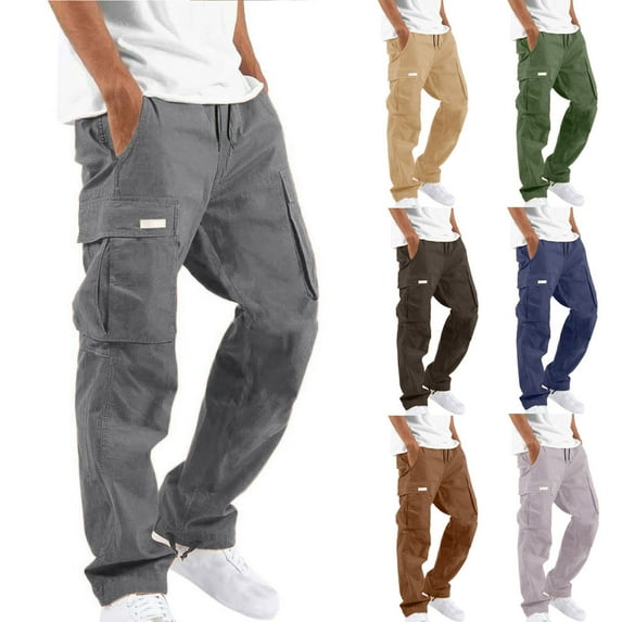 Inleife Mens Outdoor Cargo Pants Solid Casual Multiple Pockets Straight Type Fitness Pant Trousers
