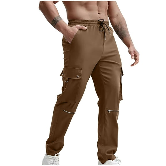 Inleife Mens Pants Men's Casual Multiple Pockets Outdoor Straight Type Fitness Pants Cargo Pants Trousers Coffee M