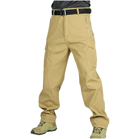 Inleife Mens Pants Clearance Men's Handsome Solid Color Multi Pocket Plush Warm Work Pants Khaki M