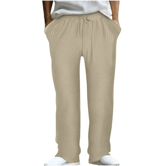 Inleife Mens Pants Clearance Men's Solid Color Sport Loose Pleated Small Legs Lace-Up Solid Color Full Length Pants Khaki L