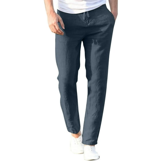 Inleife Mens Pants Plus Size Men's Casual Linen Drawstring Pocket Elastic Belt Straight Solid Pants