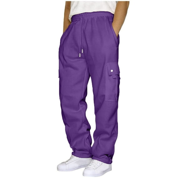 Inleife Mens Pants Plus Size Men's Drawstring Elastic-Waist Solid Color Pocket Sweatants Wide Leg Pants
