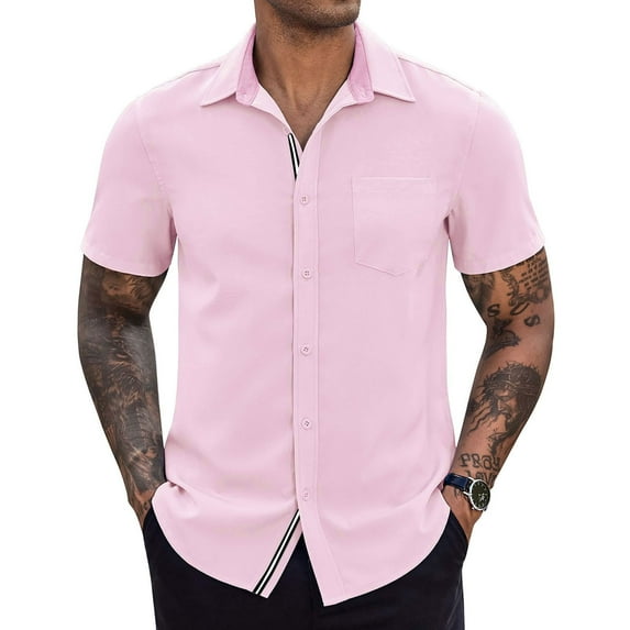 Inleife Mens Shirts Clearance Men Casual Solid Color Button Short Sleeve Turndown Collar Blouse Shirt