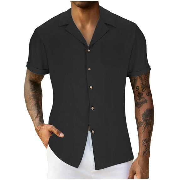 Inleife Mens Solid Color Turndown Collar Shirts Men Casual Fashion V-Neck Short Sleeve Breathable Shirt Tops