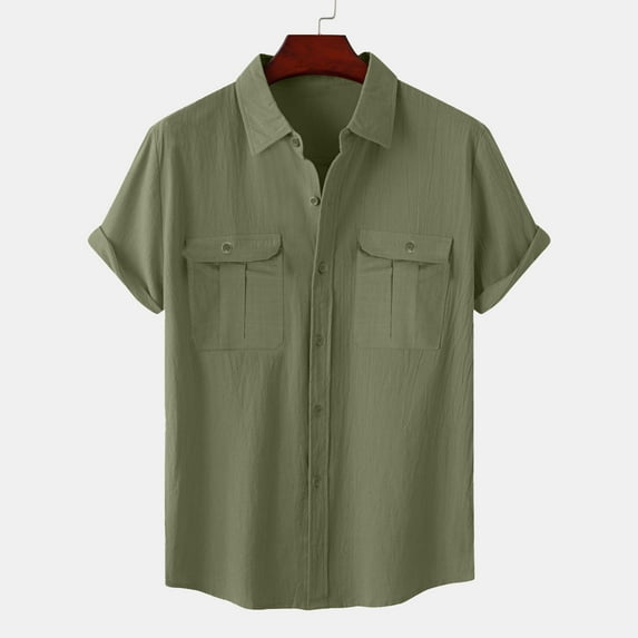 Inleife Mens Tops Plus Size Shirt Men's Fashion Vacation Solid Color Cotton Linen Double Pocket Casual Shirts Short Sleeves