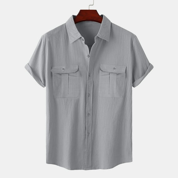 Inleife Mens Tops Plus Size Shirt Men's Fashion Vacation Solid Color Cotton Linen Double Pocket Casual Shirts Short Sleeves