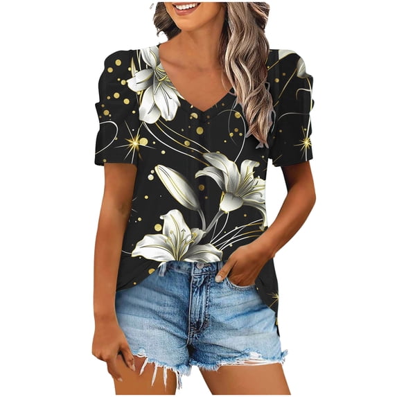 Inleife New Arrivals Fashion Women's Printed Blouses Casual Puff Short Sleeve Loose T-Shirt