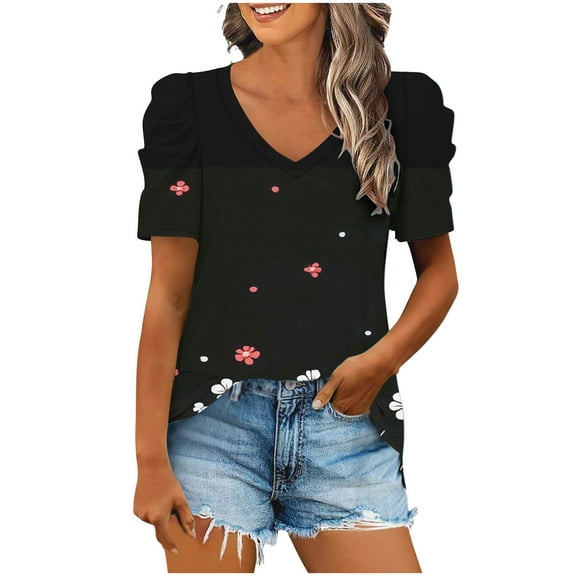 Inleife New Arrivals Fashion Women's Printed Blouses Casual Puff Short Sleeve Loose T-Shirt
