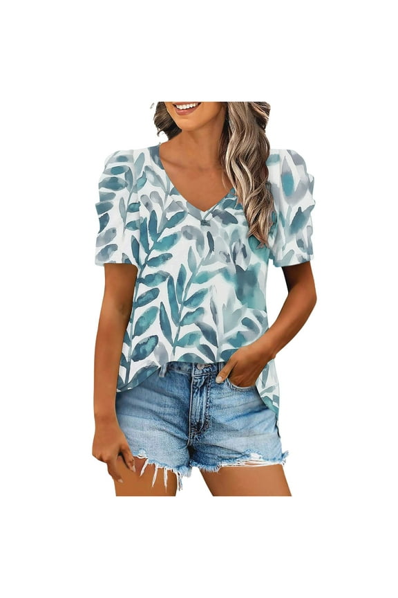New Arrivals Fashion Women's Printed Blouses Casual Puff Short Sleeve Loose T-Shirt